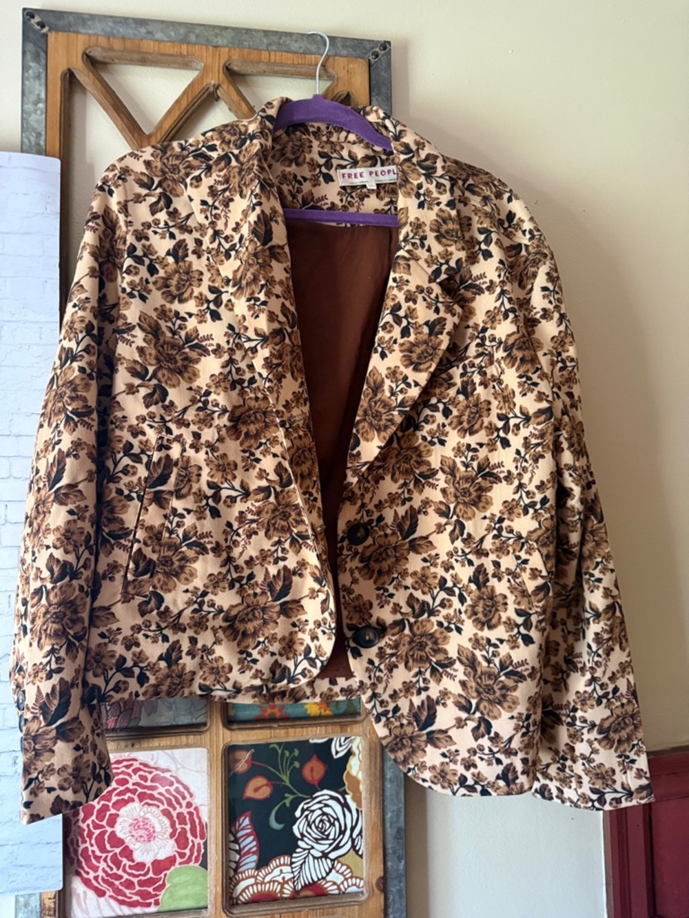 Free People Floral Blazer Jacket - Beige & Brown